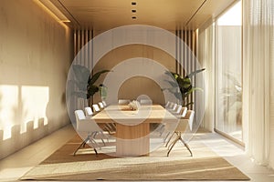 A minimalist dining room featuring a table and chairs in neutral colors, A minimalist conference room with neutral colors and