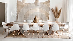A minimalist dining room with a large rustic wooden table and white chairs is accented by a neutraltoned woven wall
