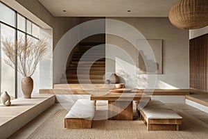 minimalist dining room, modern dining room blending japandi and scandi influences, featuring a minimalist design with photo