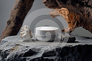 A minimalist display featuring a white container surrounded by natural stones on a textured surface