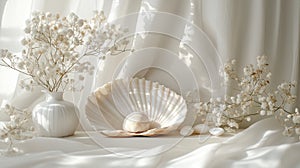 Minimalist display featuring white elements, shell