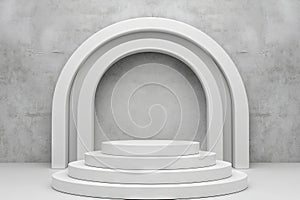 A minimalist display featuring white products set against a gray backdrop