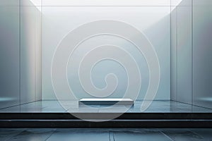 Minimalist display stage set against a blank copy space background.