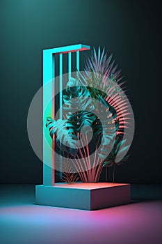 Minimalist display stand with monstera leaves. 3D rendering