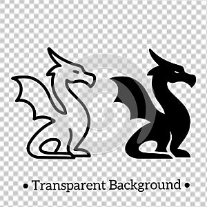 Dragon minimalist icon, black and white, outline and silhouette, transparent background PNG