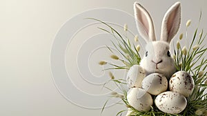 Minimalist easter composition with a white bunny and greenery