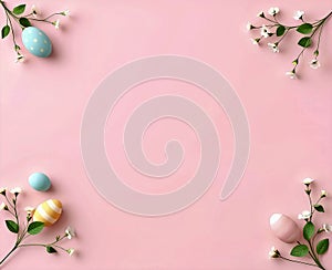 Minimalist Easter Frame with Decorative Eggs and Floral Elements on Soft Pink Background photo