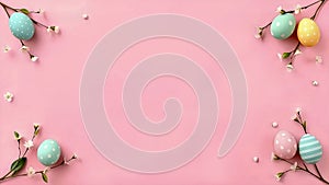 Minimalist Easter Frame with Decorative Eggs and Floral Elements on Soft Pink Background photo