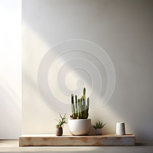 Minimalist Elegance Still Life of Micro Cement Wall and Cactus in a High-End Environment photo