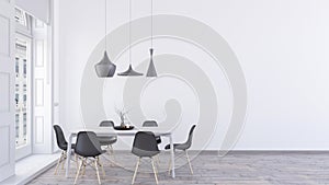 Minimalist Elegant Dining Room, Empty Modern White Wall Concept, Scandanivian Dining Room, Pendant Lamps, 3d Interior Render