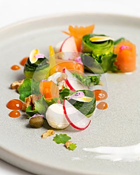 Minimalist and Elegant Gourmet Fine Dine Smoked Salmon Salad on Grey Ceramic Plate