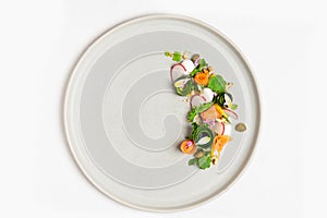 Minimalist and Elegant Gourmet Fine Dine Smoked Salmon Salad on Grey Ceramic Plate