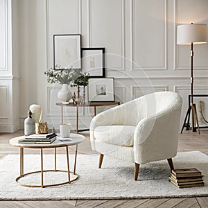 Minimalist elegant living room with boucle armchair photo