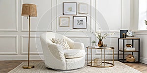 Minimalist elegant living room with boucle armchair photo