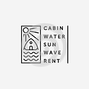Minimalist Emblem Cabin and Water Logo Vector Line Art, Illustration Design of Cottage in The Lake Concept Simply Creative