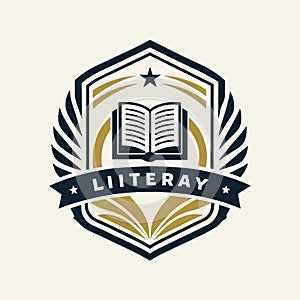 A minimalist emblem featuring an open book, symbolizing a library, Create a minimalist emblem for a literary company, minimalist
