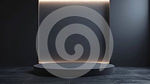 Minimalist empty dark grey display platform with soft lighting
