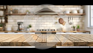 Minimalist empty wooden table on blurred kitchen bench background for interior design inspiration