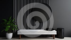 A minimalist entryway with a 3D vertical line pattern wall in black and white,