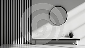 A minimalist entryway with a 3D vertical line pattern wall in black and white,