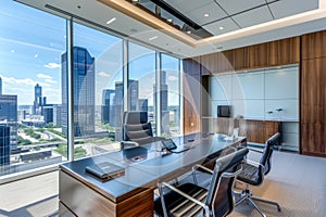 minimalist executive office boasting panoramic views, sleek furnishings, and strategic design elements.