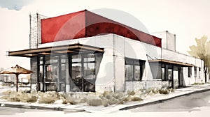Minimalist Exterior Design For Starbucks In Dark Gray And Red Ink Wash