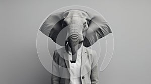 Minimalist Fashion Portrait: Elephant Head On Woman In Suit