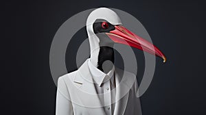 Minimalist Fashion Portrait Of Pelican In White Suit