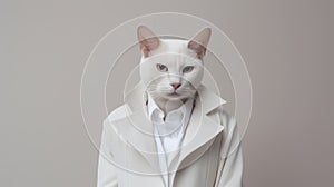 Minimalist Fashion Portrait Of A White Cat In A White Suit