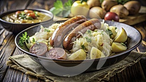 A Minimalist Feast Elegant Choucroute Garnie Photography Showcasing Traditional French Cabbage Dish with Sauerkraut photo