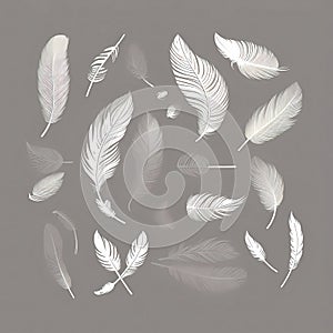 Minimalist, feather collection, black and white, black, grey, white, artistically arranged, subdued, grey background