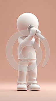 Minimalist Singer Character with Microphone, 3D Rendering on a Soft Pink Background