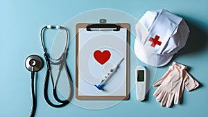 Minimalist Flat Lay of Nurse Tools on Pastel Blue Background photo