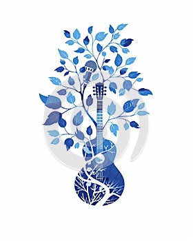 Minimalist flat vector graphic of a guitar morphing into a tree with microphone-leaves photo