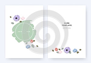 Minimalist floral wedding invitation card template design, anemone, orchid, Tropaeolum and leaves with green badge on white