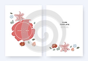 Minimalist floral wedding invitation card template design, lily, sakura, Nemophila, paenia lactiflora and leaves with red badge