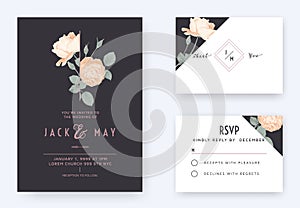 Minimalist floral wedding invitation card template design, orange rose flowers with leaves on dark grey