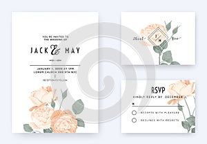 Minimalist floral wedding invitation card template design, orange rose flowers with leaves on white
