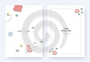 Minimalist floral wedding invitation card template design, rose, freesia, Nemophila and leaves with shadow on white background