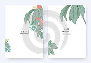 Minimalist floral wedding invitation card template design, tropical plants and pink anemone flowers on white background