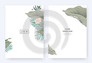 Minimalist floral wedding invitation card template design, tropical plants and pink anemone flowers on white background