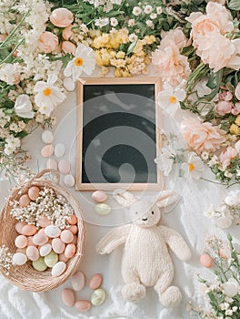 Minimalist Easter Flat Lay with Letter Board, Bunny Toy, Easter Eggs, Basket, and Baby Onesie â Outdoor Picnic Setup photo