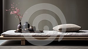 Minimalist Futons Scene With Wooden Bed In Ryohei Fuke Style