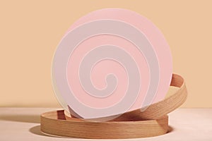 Minimalist geometry shape wooden scene. Abstract minimal empty stage with wooden circle. Mockups display for product presentation.