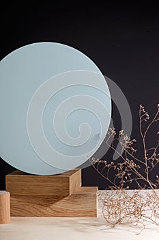 Minimalist geometry shape wooden scene. Abstract minimal empty stage with wooden circle. Mockups display for product presentation.