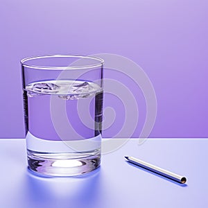 Minimalist Glass Of Water With Pencil On Purple Background