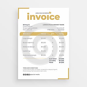 minimalist gold invoice template vector design