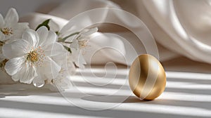 Minimalist Golden Easter Egg with Dramatic Striped Shadow on a Neutral Beige Background