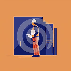 A minimalist graphic of a construction worker with a blueprint. Flat clean illustration style