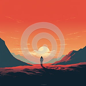 Minimalist Graphic Design Poster: Man Standing On Mountains At Sunset